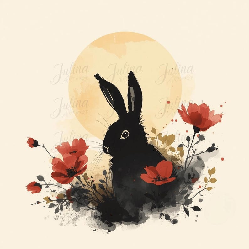 12 Usagi Sumi-e Watercolor Clipart, Rabbit in the Moon, Japanese Ink ...