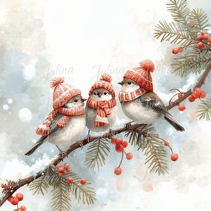 Könnte beinhalten: Aquarellillustration von drei Vögeln auf einem Ast, jeder mit einer rot-weiß gestreiften Mütze und einem Schal. Die Vögel sind von Tannenzweigen und roten Beeren umgeben, vor einem weichen, verschneiten Hintergrund. Eine bezaubernde Winterszene.