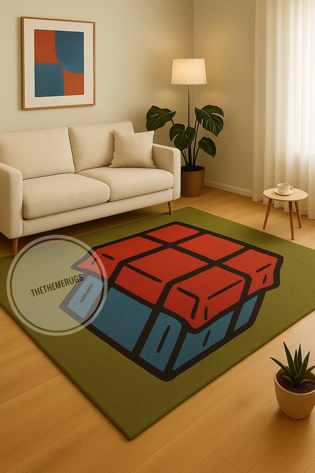 Hand Tufted 3D Cube Wool Rug: Modern Abstract Olive Green Terracotta ...
