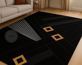 Handtuftad ullmatta: Svart geometrisk art déco-design