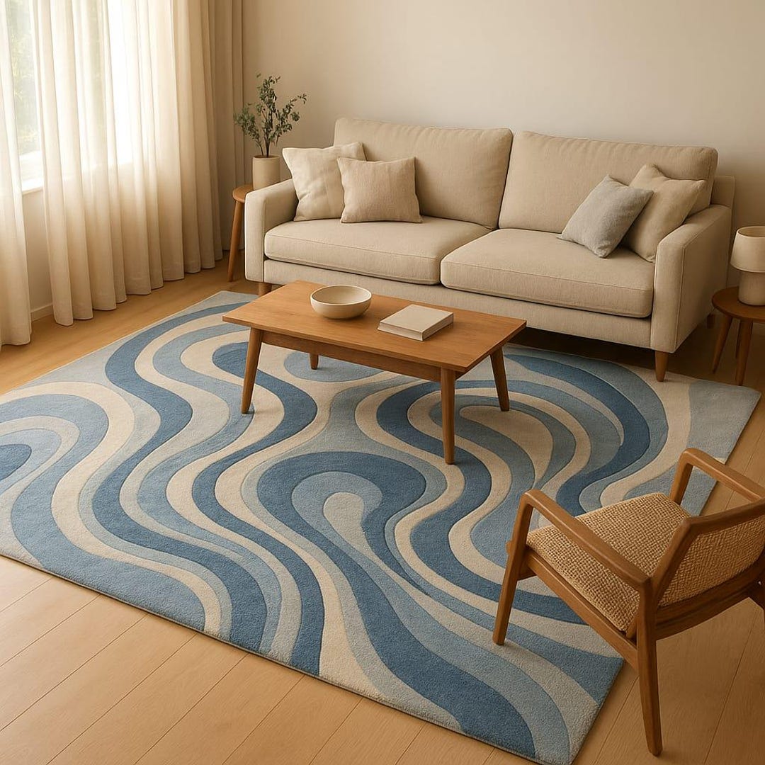 Hand Tufted Wool Rug: Blue & Beige Wave Design, Modern Living Room ...