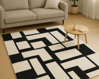 Hand tufted modern geometric black and white rug for living room