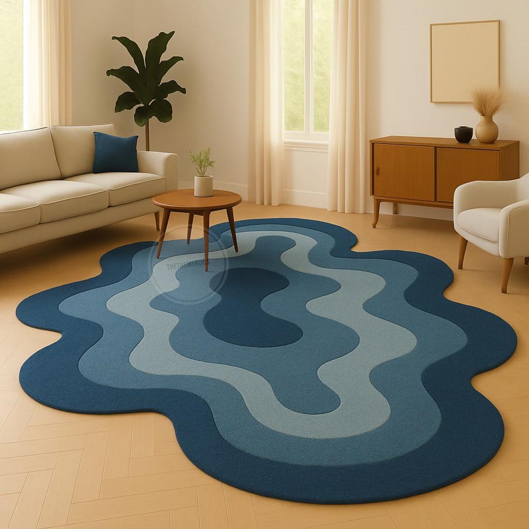 Hand Tufted Blue Wavy Irregular Shape Rug | Modern Layered Abstract ...