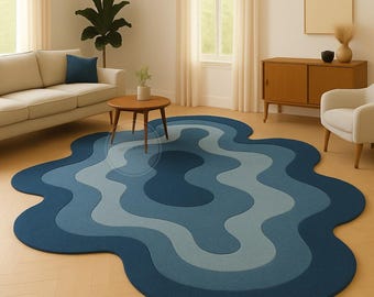 Hand Tufted Blue Wavy Irregular Shape Rug | Modern Layered Abstract Carpet.