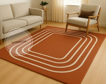 Handtuftad ullmatta: Bränd orange geometrisk modern stil från mitten av århundradet