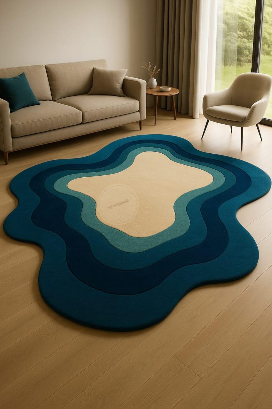 Modern Abstract Wavy Area Rug | Hand Tufted Carpet in Blue & Beige. - Etsy