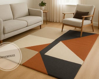Hand-Tufted New Zealand Wool Rug: Mid-Century Modern Geometric Carpet