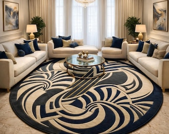 Modern Abstract Navy Blue Round Rug – Hand Tufted Wool Carpet, Luxury Geometric Area Rug