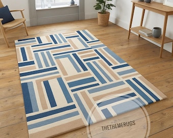 Handtuftad geometrisk matta: Blåbeige randig modern matta