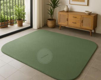 Hand Tufted Sage Green Wool Rug | Minimalist Rounded Rectangle Carpet
