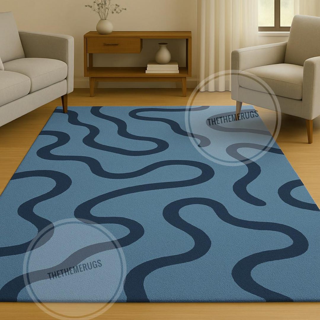 Abstract Blue Rug Pattern Hand Tufted Blue Abstract Wave Rug - Modern Living Room Decor - Etsy