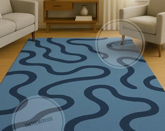 Hand Tufted Blue Abstract Wave Rug - Modern Living Room Decor