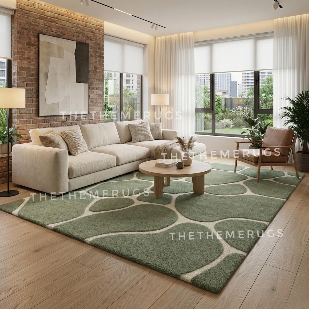 Hand Tufted Sage Green Wool Rug | Modern Pebble Design - Etsy