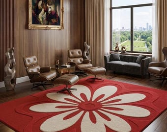 Hand-Tufted Wool Area Rug | Red Floral Carpet, Modern Design