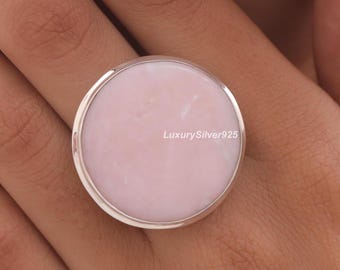 Anillo de ópalo rosa natural, anillo de plata de ley 925 maciza, anillo bohemio hecho a mano, anillo de piedra preciosa redonda, joyería de ópalo, piedra procedente de Perú.