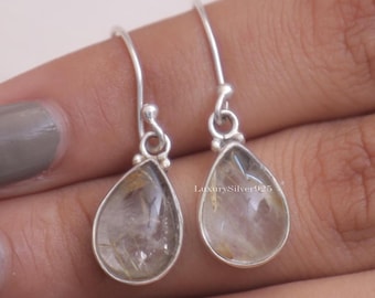 Golden Rutile Quartz Earrings , 925 Sterling Silver Earrings , Pear Gemstone Earrings , Handmade Earrings , Quartz Silver Jewellery