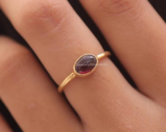 Natural Garnet Ring, 18k Gold Plated Silver Ring, January Birthstone , Natural Gemstone Ring , Minimalist Ring , Hippie Jewellery
