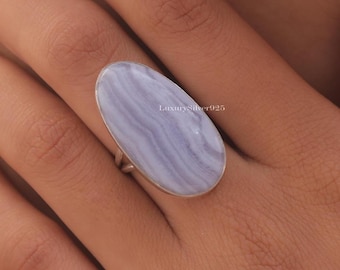 Natural Blue Lace Agate Ring , 925 Sterling Silver Ring , Statement Ring , Handmade Gemstone Ring , Bohemian Ring , Agate Silver Jewellery