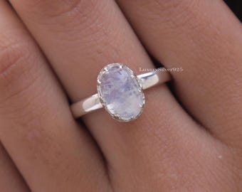 Anello con pietra di luna arcobaleno, anello in argento sterling 925, anello boho fatto a mano, anello con gemma naturale, gioielli in argento da donna, regalo per lei