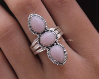 Rosa opalring, 925 massivt sterlingsilverring, ring med oktobers födelsesten, handgjord ring, smycken med naturliga ädelstenar, födelsedagspresent till henne