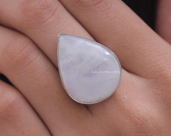 Anello con pietra di luna arcobaleno naturale, anello in argento sterling 925, anello con pietra portafortuna di giugno, anello con pietra preziosa a forma di pera, gioielli vistosi, regalo per lei