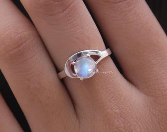 Anello con pietra di luna arcobaleno, anello in argento sterling 925, anello fatto a mano, anello con pietra preziosa, gioiello di forma rotonda, regalo di compleanno per lei
