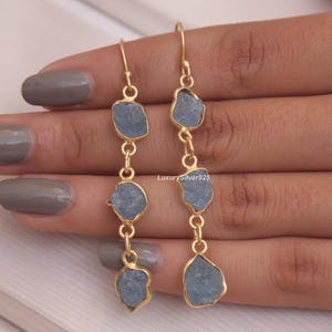 Natural Raw Aquamarine Earrings , 18k Gold Plated Silver Earrings , Handmade Gemstone Earrings , Bohemian Jewellery , Birthday Gift For Her