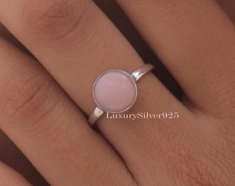 Natuurlijke roze opaalring, 925 sterlingzilveren ring, oktober geboortesteenring, ronde edelsteenring, opaal zilveren sieraden, cadeau voor haar