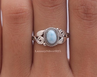 Dominican Larimar Ring , 925 Sterling Silver Ring, Minimalist Ring , Bohemian Ring , Hippie Ring , Women Silver Jewellery , Birthday Gift