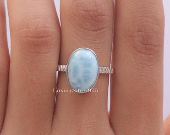 Dominican Larimar Ring , 925 Sterling Silver Ring, Oval Gemstone Ring , Handmade Silver Jewellery , Women Ring , Anniversary Gift For Wife