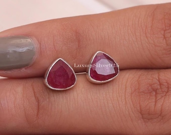 Cut Ruby Studs , 925 Solid Sterling Silver Studs , Faceted Gemstone Studs , Boho Handmade Studs , Hippie Jewellery , Birthday Gift For Her