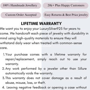 May include: An informational graphic titled WHY CHOOSE US? and LIFETIME WARRANTY. It lists features like 925 Sterling Silver, 100% Natural Gemstones, 100% Handmade Jewellery, 20k+ Plus Happy Customers, Custom Order Accepted, and Easy Returns & Best Price jewellery.