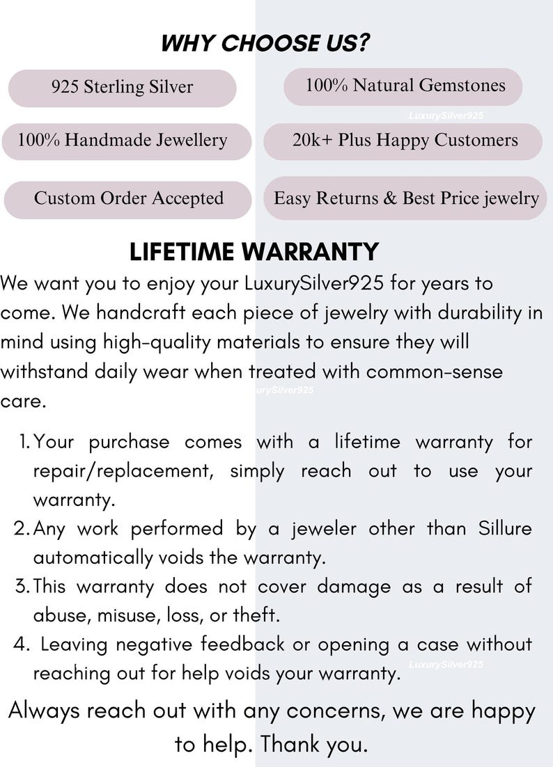 May include: An informational graphic titled WHY CHOOSE US? and LIFETIME WARRANTY. It lists features like 925 Sterling Silver, 100% Natural Gemstones, 100% Handmade Jewellery, 20k+ Plus Happy Customers, Custom Order Accepted, and Easy Returns & Best Price jewellery.
