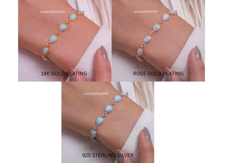 May include: A bracelet featuring a series of light blue, teardrop-shaped stones linked together. The set includes three variations: one with 18K gold plating, one with rose gold plating, and one made of 925 sterling silver, each labelled accordingly.