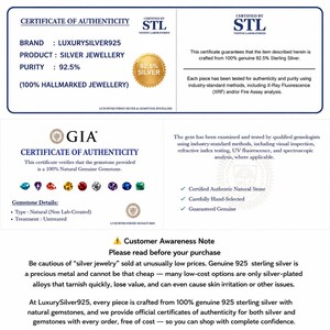 May include: A white certificate of authenticity for silver jewellery from LUXURYSILVER925, featuring STL testing laboratory details, 92.5% purity, and a GIA certificate for natural gemstones, including a customer awareness note about genuine sterling silver.