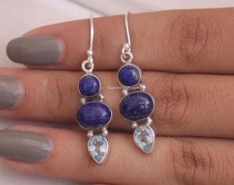 Örhängen med lapis lazuli och blå topas, örhängen i 925 sterlingsilver, handgjorda örhängen, bohemiska smycken, födelsedagspresent till henne