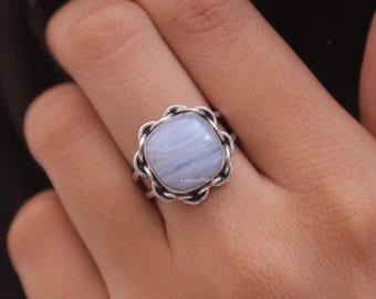 Blue Lace Agate Ring , 925 Solid Sterling Silver Ring , Handmade Ring , Bohemian Ring , Hippie Ring , Women Silver Jewellery , Wedding Gift