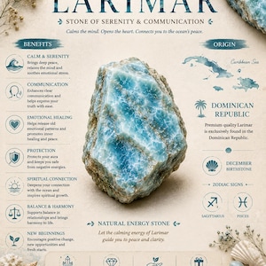 May include: A raw, light blue and white Larimar stone centred on an informational card. The text includes LARIMAR, STONE OF SERENITY & COMMUNICATION, BENEFITS, ORIGIN, DOMINICAN REPUBLIC, DECEMBER BIRTHSTONE, SAGITTARIUS, PISCES, and NATURAL ENERGY STONE.