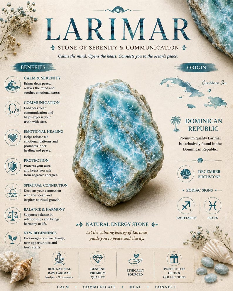 May include: A raw, light blue and white Larimar stone centred on an informational card. The text includes LARIMAR, STONE OF SERENITY & COMMUNICATION, BENEFITS, ORIGIN, DOMINICAN REPUBLIC, DECEMBER BIRTHSTONE, SAGITTARIUS, PISCES, and NATURAL ENERGY STONE.