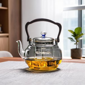 Puede incluir: Una tetera de cristal transparente con la parte superior tintada en gris oscuro y un líquido amarillo dorado en su interior. Presenta un pico curvo, un asa arqueada de color marrón oscuro y una tapa con un pequeño detalle azul.