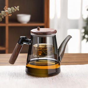 May include: A smoke-tinted glass teapot featuring a dark wood lid and a matching wooden handle. The teapot includes a clear glass infuser basket containing loose tea leaves, and the base is filled with a golden-colored tea liquid.
