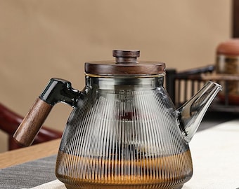 Bule de vidro borossilicato com tampa de madeira | Infusor de chá resistente ao calor