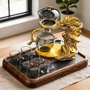 Luxury Automatic Glass Tea Set with Dragon Relief Design, Magnetic Kung Fu Tea Pot, Chinese Tea Ceremony Set, Handmade Teaware Gift