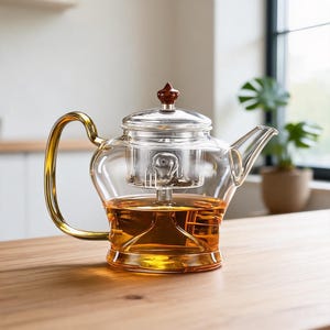 Könnte beinhalten: Eine klare Glas-Teekanne mit goldenem Griff und Holzdeckel. Die Teekanne hat einen eingebauten Infuser und ist mit Tee gefüllt. Die Teekanne steht auf einer Holzoberfläche.