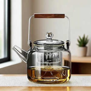 Op de afbeelding: Een theepot van helder glas met een cilindrisch lichaam, een bijpassend glazen deksel met een bolvormige knop en een uitneembare glazen theezeef. De theepot heeft een metalen hengsel met een houten greep en een korte, schuine tuit.