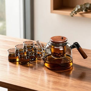 Rookgrijs glazen theeservies, hittebestendige theepot met infuser, theemaker met houten handvat, theezetter voor losse thee met dienblad, modern theeservies