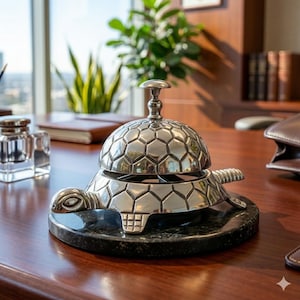 May include: A silver-toned metal desk bell shaped like a turtle, featuring a geometric shell pattern and a small knob on top for ringing. The turtle figure is mounted on a circular, dark green polished stone base with a smooth, reflective surface.