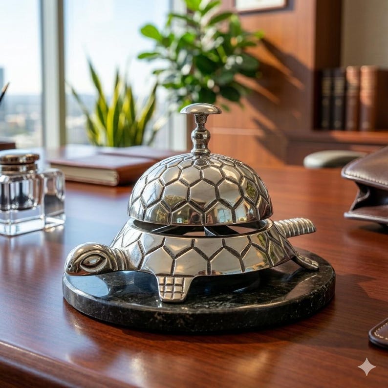 May include: A silver-toned metal desk bell shaped like a turtle, featuring a geometric shell pattern and a small knob on top for ringing. The turtle figure is mounted on a circular, dark green polished stone base with a smooth, reflective surface.