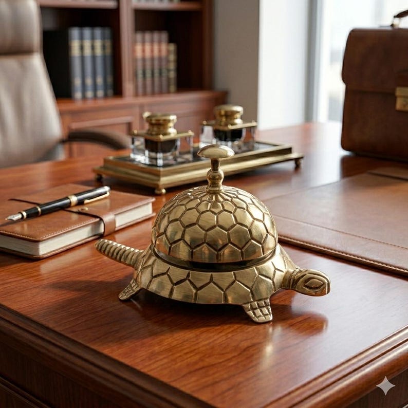 May include: A brass desk bell shaped like a turtle with a hexagonal shell pattern and a small knob on top. The bell features a metallic gold finish and is positioned on a wooden surface, showcasing a detailed head, tail, and four legs.