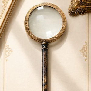 May include: A brass magnifying glass with a circular frame featuring floral engravings and the text Henry Hughes Son Ltd. London 1941. The handle is dark, cylindrical, and inscribed with Henry Hughes Son Ltd. London 1941 along its length.